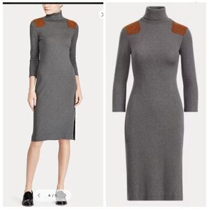 Polo Ralph Lauren Grey Suede Trim Turtleneck Wool Blend Jersey Midi Dress Large